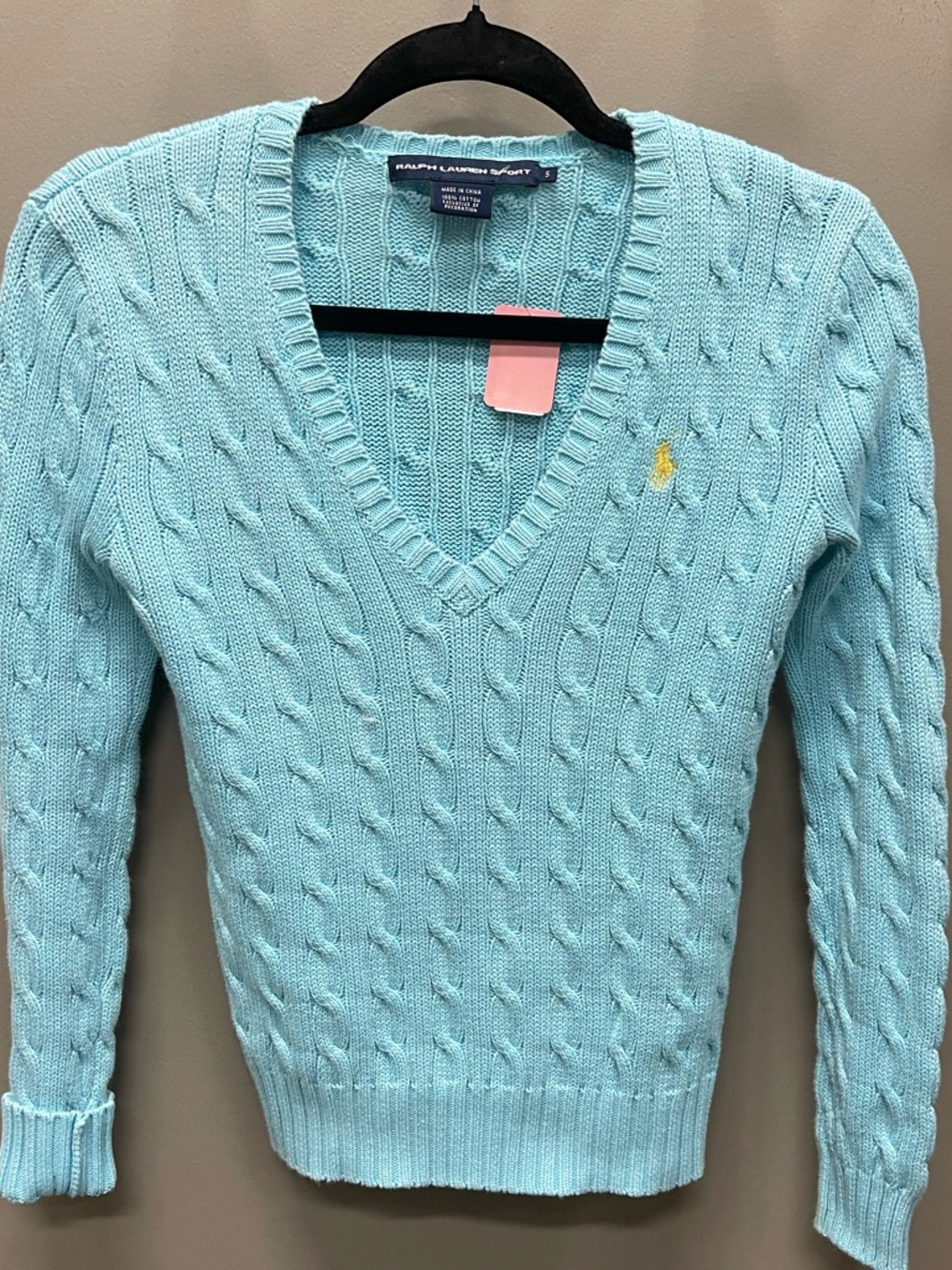 Ralph Lauren Women’s Light Aqua Cable-Knit V-Neck Sweater